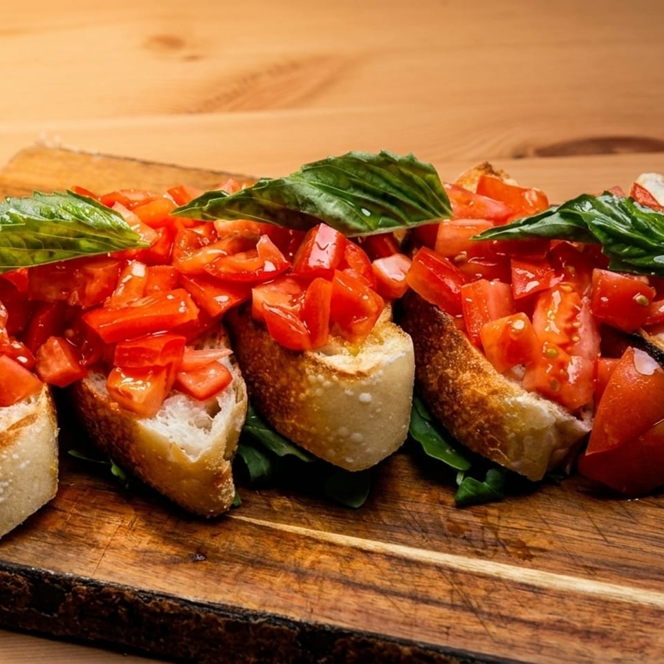 Four bruschetta pieces topped with diced tomatoes and fresh basil on a wooden board.