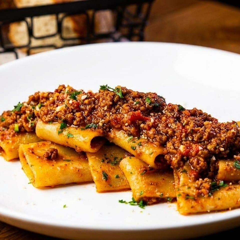 Close-up of rigatoni pasta with a rich meat bolognese sauce and fresh parsley on a white plate.
