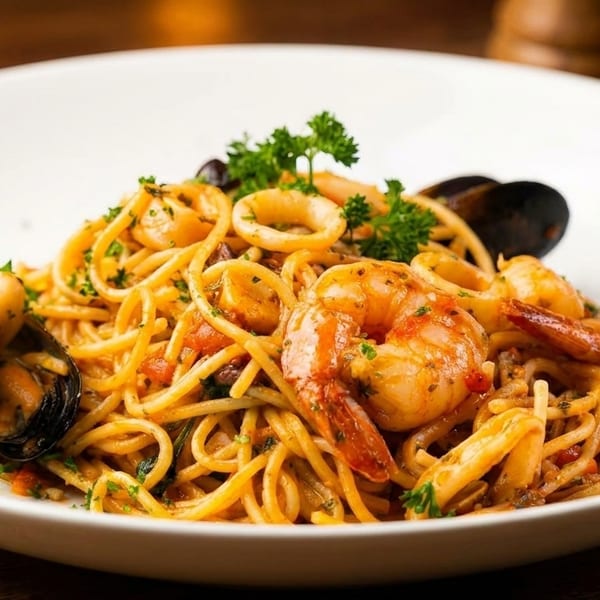 A white bowl of seafood spaghetti with shrimp, mussels, calamari, and parsley on a wooden table.