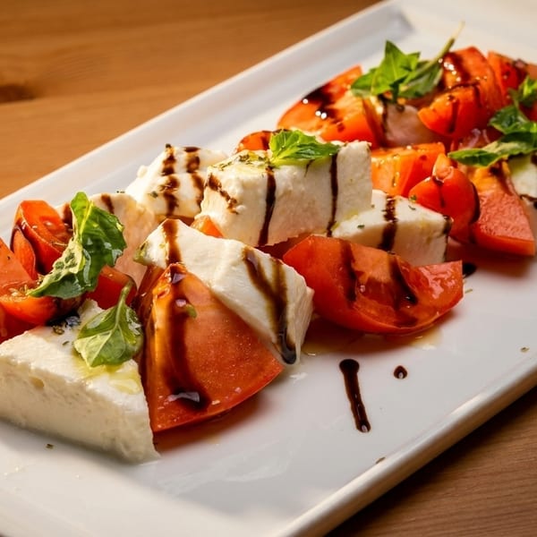 Caprese salad with fresh mozzarella, ripe tomatoes, basil, and balsamic glaze on a white plate.