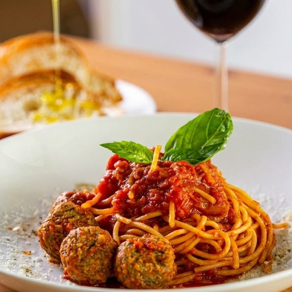 Spaghetti with meatballs and tomato sauce, garnished with basil, served with bread and red wine.