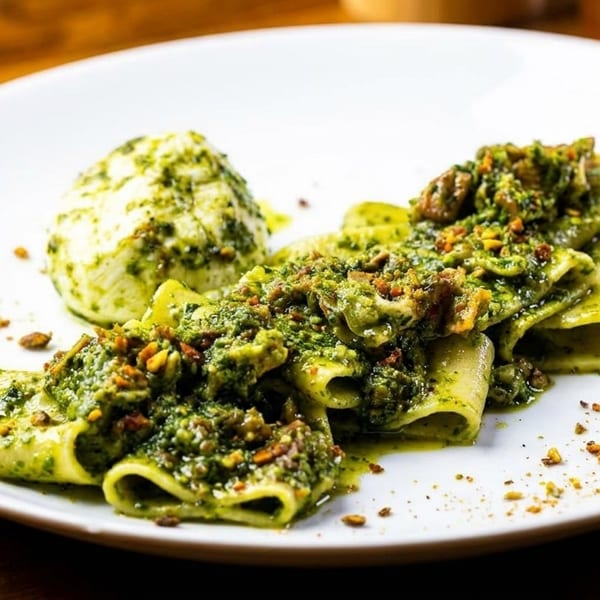 Green pesto pasta with a side of burrata cheese, garnished with nuts on a white plate.